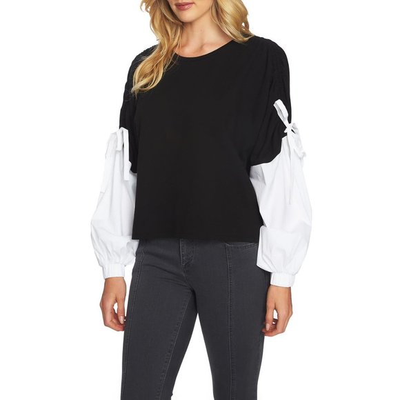 NWT Womens Size XS Nordstrom 1.STATE Black White Drawstring Sleeve Top - Picture 1 of 2